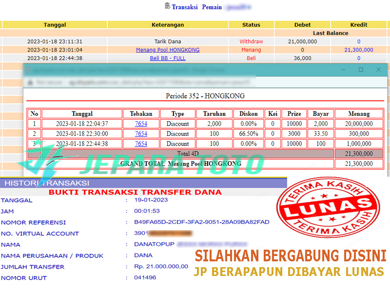 BUKTI JP MENANG HONGKONG MEMBER JEPARATOTO