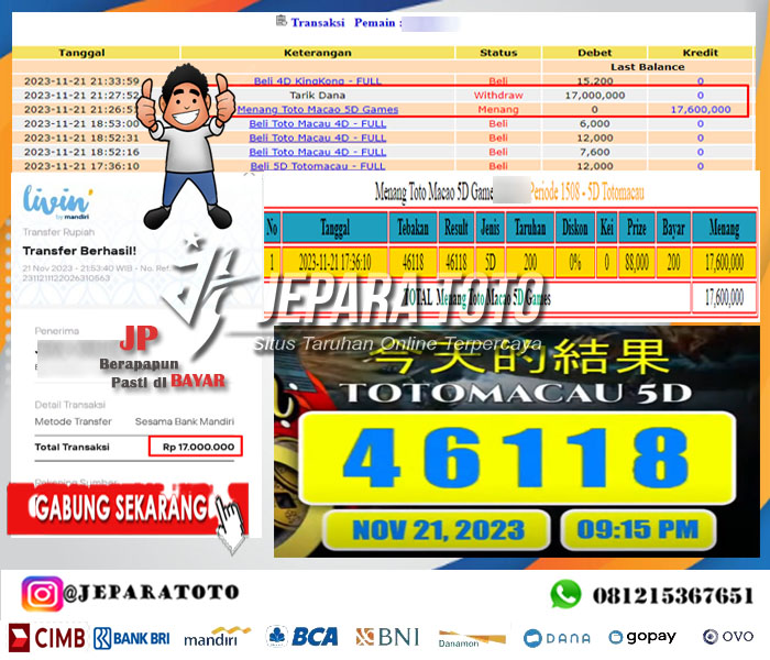 HASIL BUKTI JP TOGEL TOTOMACAU 5D POOLS MEMBER JEPARATOTO