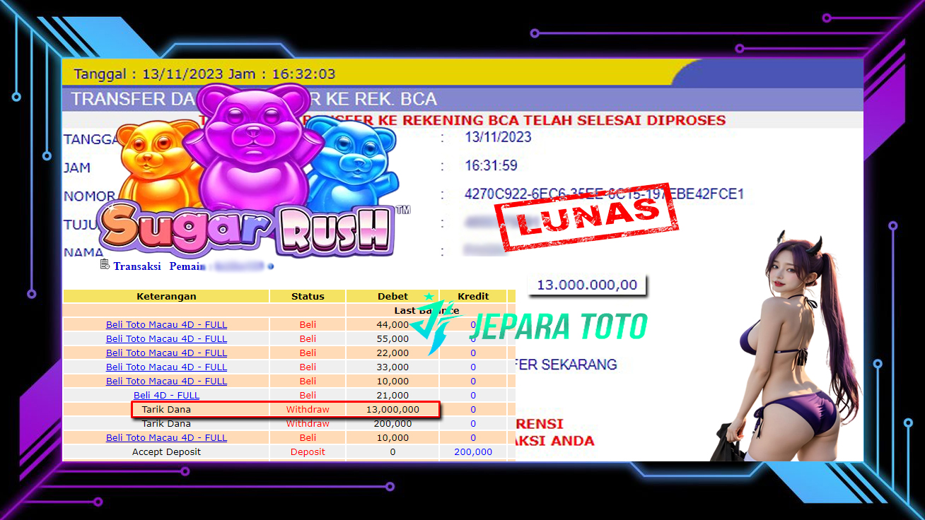 HASIL BUKTI JP SLOT SUGAR RUSH MEMBER JEPARATOTO