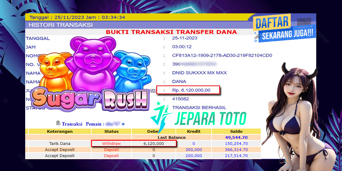 HASIL BUKTI JP SLOT SUGAR RUSH MEMBER JEPARATOTO