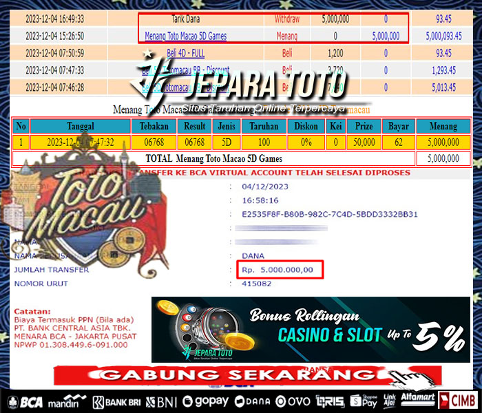 HASIL BUKTI JP TOGEL TOTOMACAU 5D POOLS MEMBER JEPARATOTO