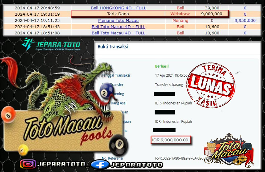 BUKTI KEMENANGAN TOGEL TOTOMACAU POOLS MEMBER JEPARATOTO