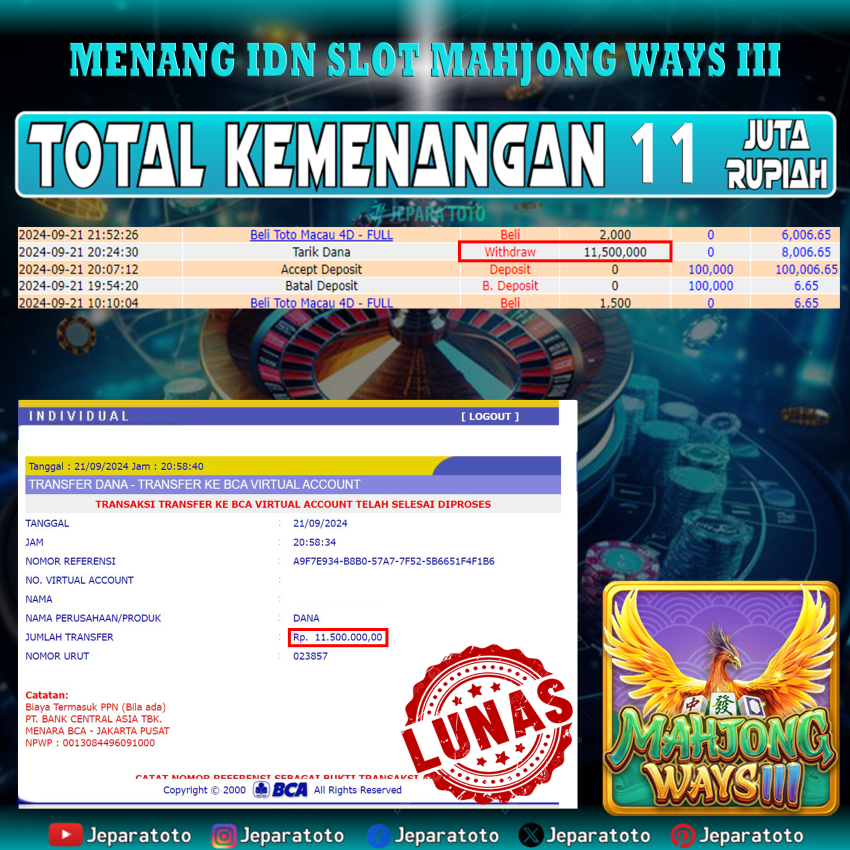 BUKTI KEMENANGAN SLOT IDN MAHJONG WAYS III MEMBER JEPARATOTO