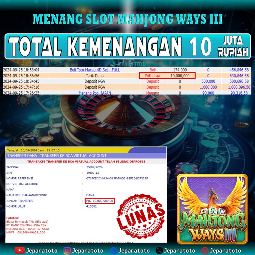 BUKTI KEMENANGAN SLOT MAHJONG WAYS 3 MEMBER JEPARATOTO