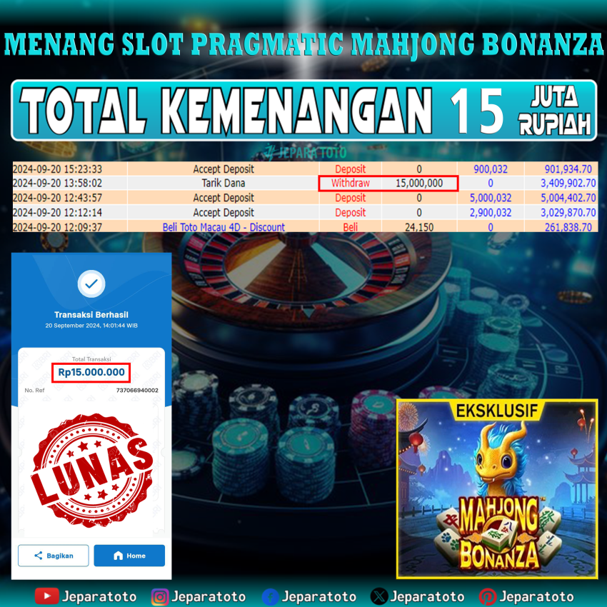 BUKTI KEMENANGAN SLOT MAHJONG BONANZA MEMBER JEPARATOTO