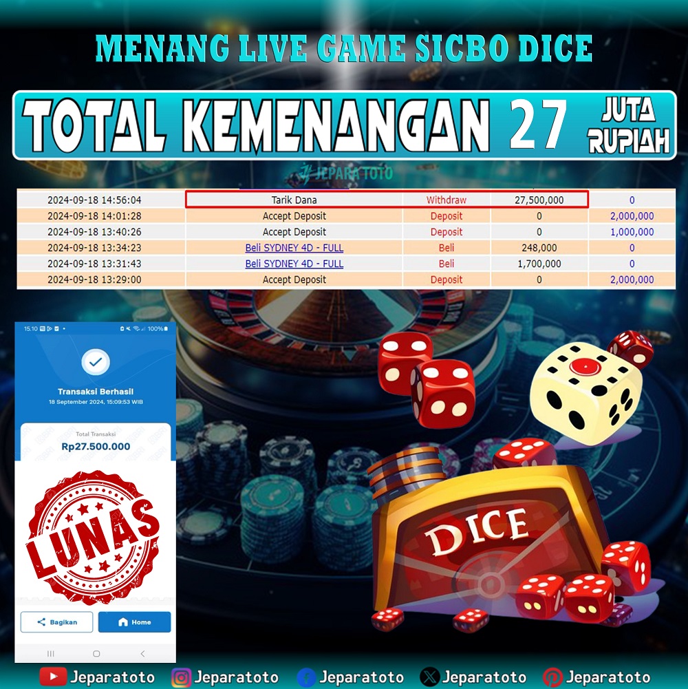 BUKTI KEMENANGAN LIVE GAME SICBO DICE MEMBER JEPARATOTO