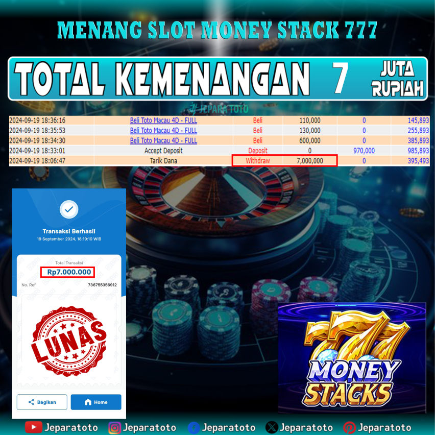 BUKTI KEMENANGAN SLOT MONEY STACK 777 MEMBER JEPARATOTO