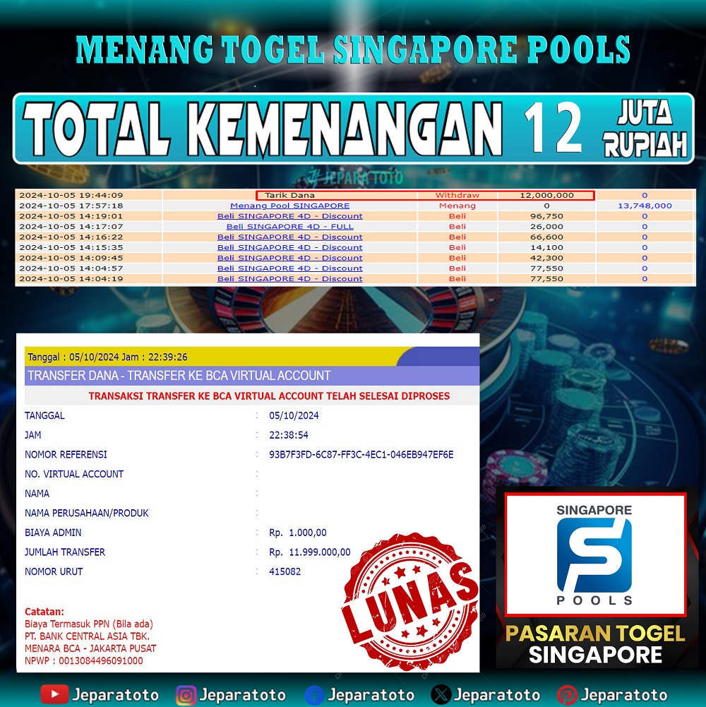 BUKTI KEMENANGAN TOGEL SINGAPORE POOLS MEMBER JEPARATOTO