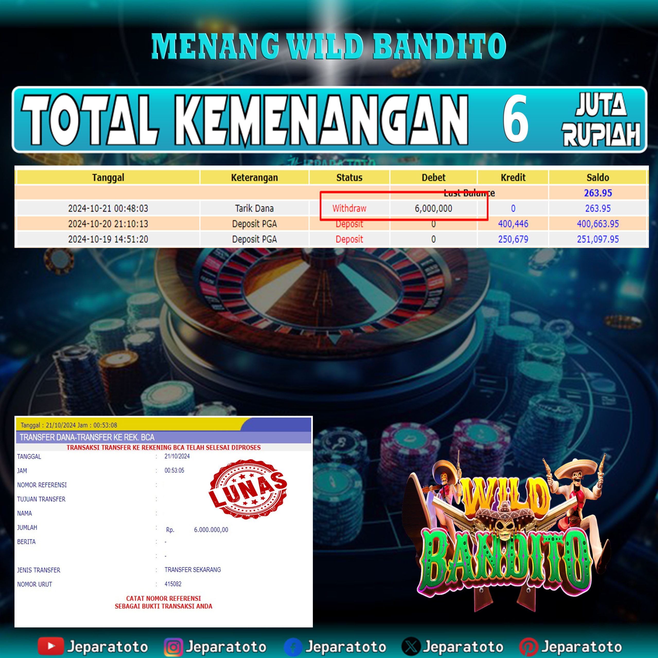 BUKTI KEMENANGAN SLOT WILD BANDITO MEMBER JEPARATOTO