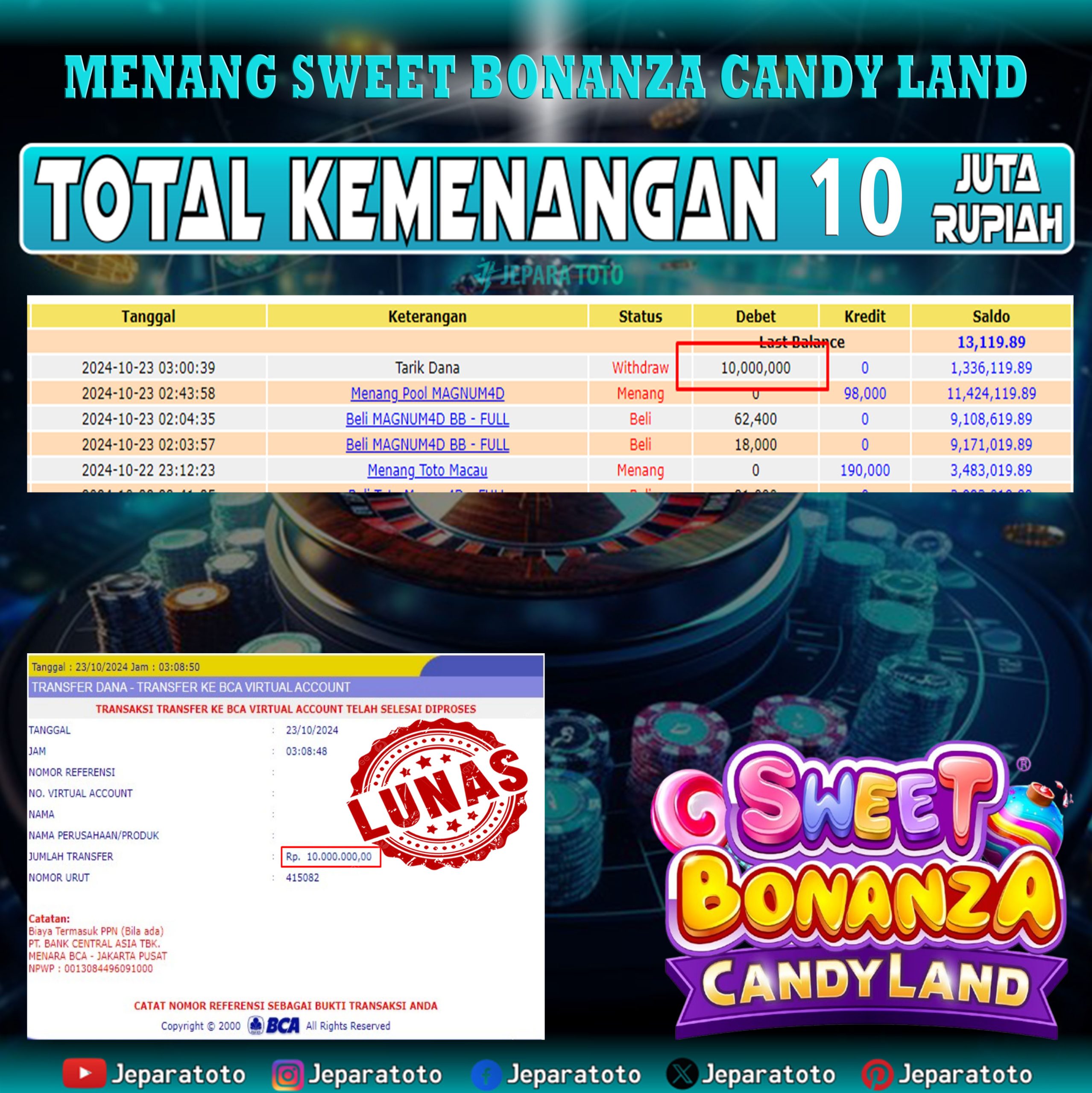 BUKTI KEMENANGAN LIVE CASINO SWEET BONANZA CANDY LAND MEMBER JEPARATOTO