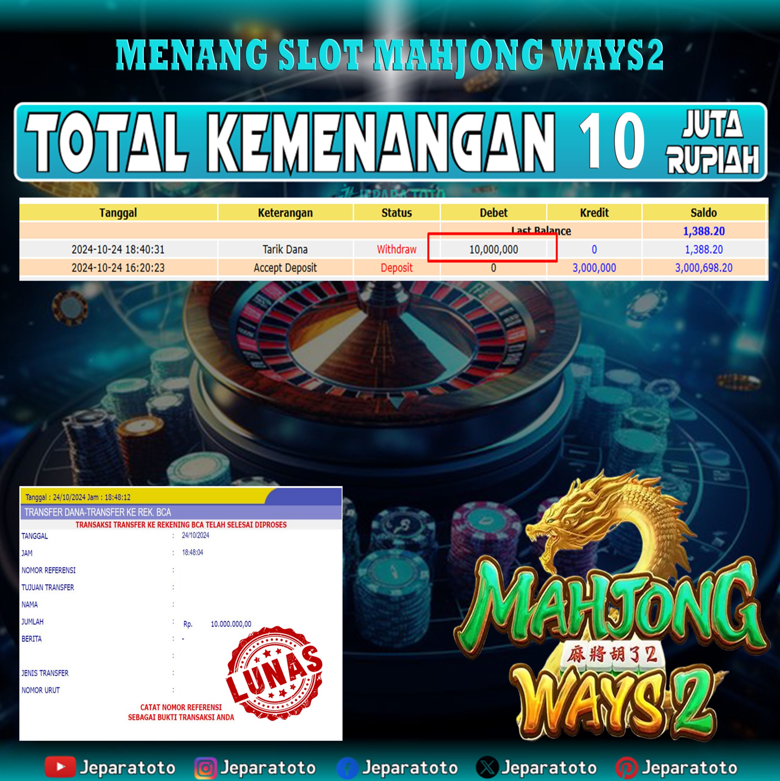 BUKTI KEMENANGAN SLOT MAHJONG WAYS2 MEMBER JEPARATOTO