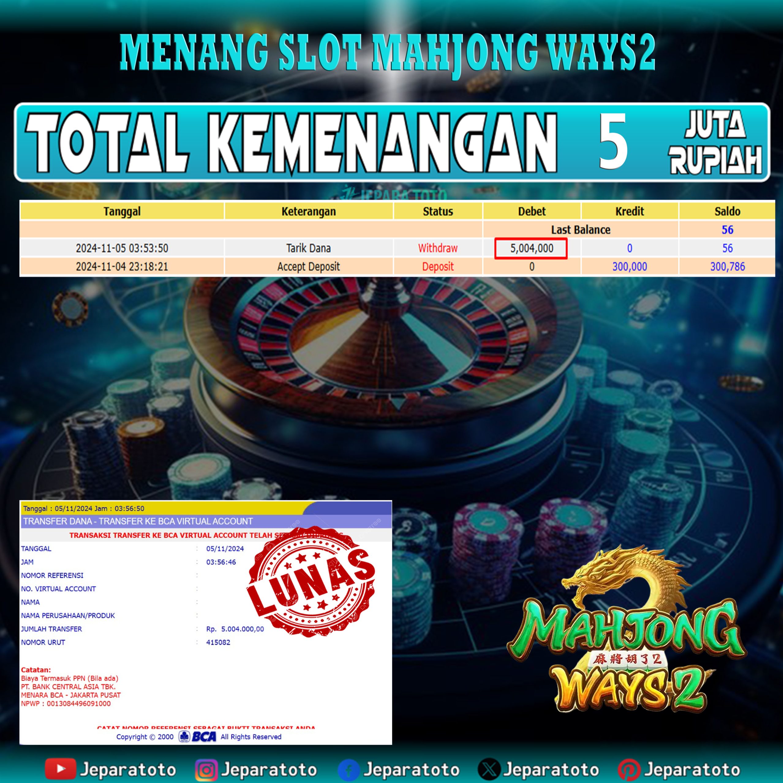 BUKTI KEMENANGAN SLOT MAHJONG WAYS2 MEMBER JEPARATOTO