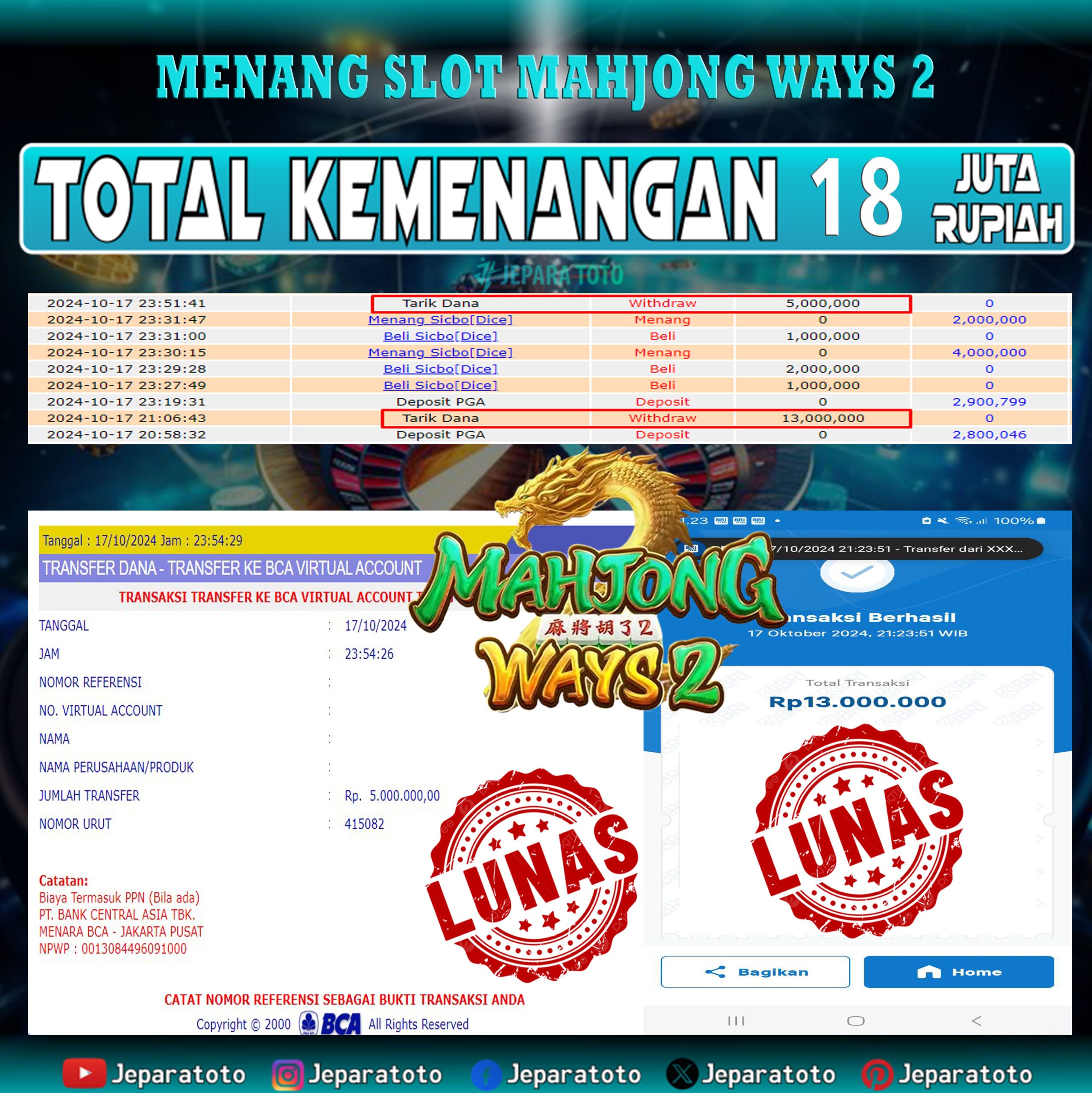 BUKTI KEMENANGAN SLOT MAHJONG WAYS 2 MEMBER JEPARATOTO