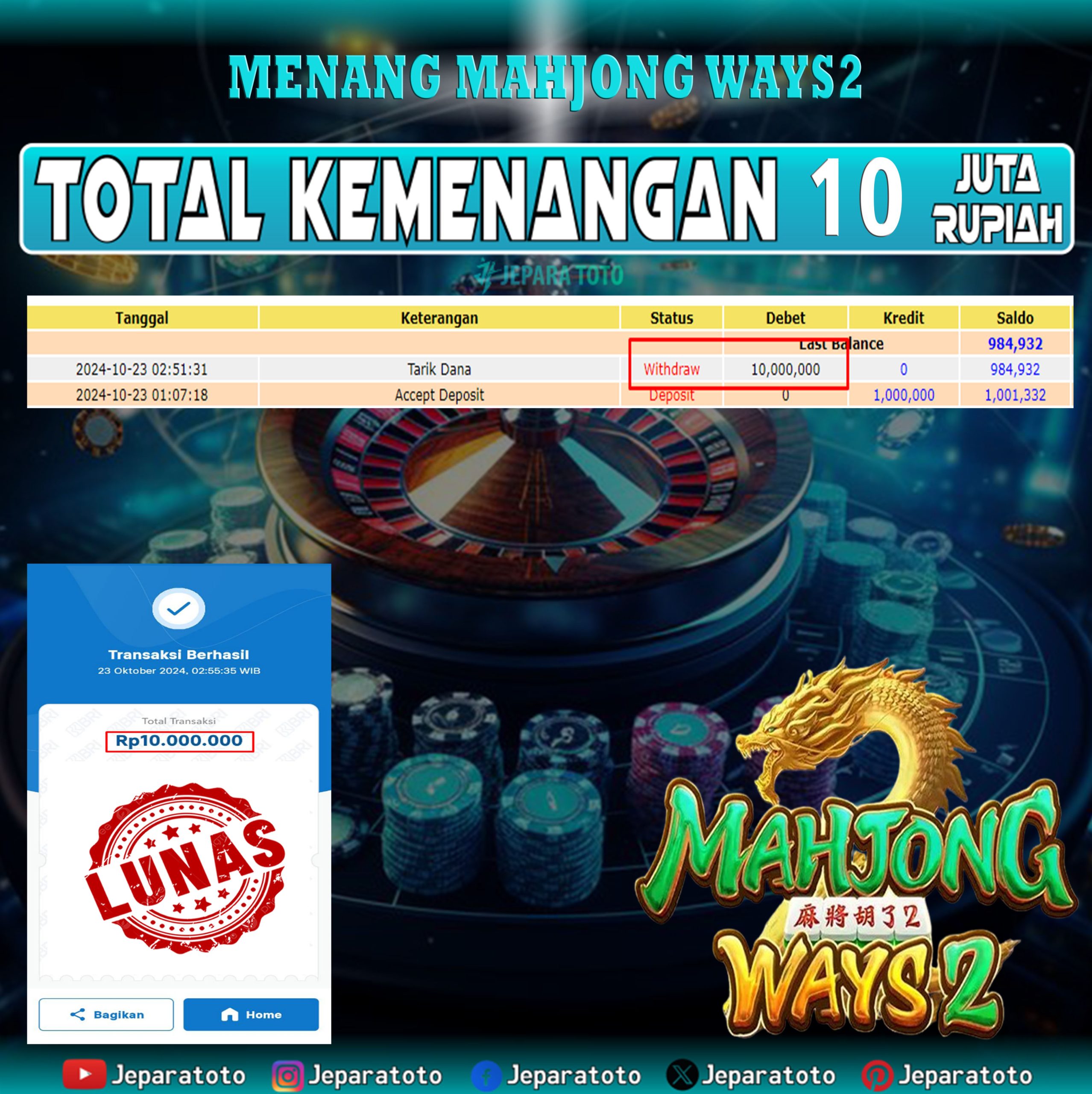 BUKTI KEMENANGAN SLOT MAHJONG WAYS2 MEMBER JEPARATOTO