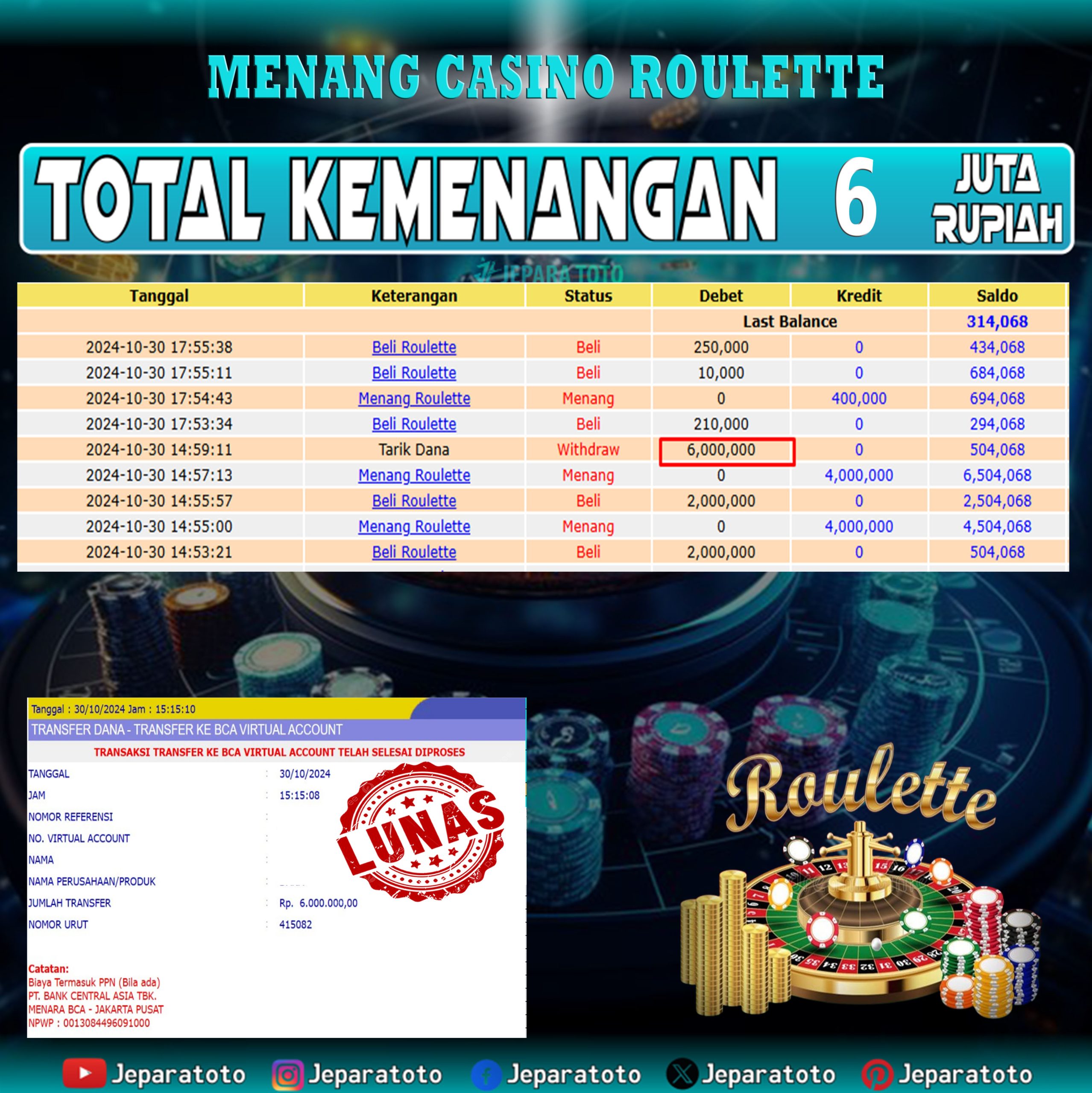 BUKTI KEMENANGAN CASINO LIVE GAME ROULETTE MEMBER JEPARATOTO