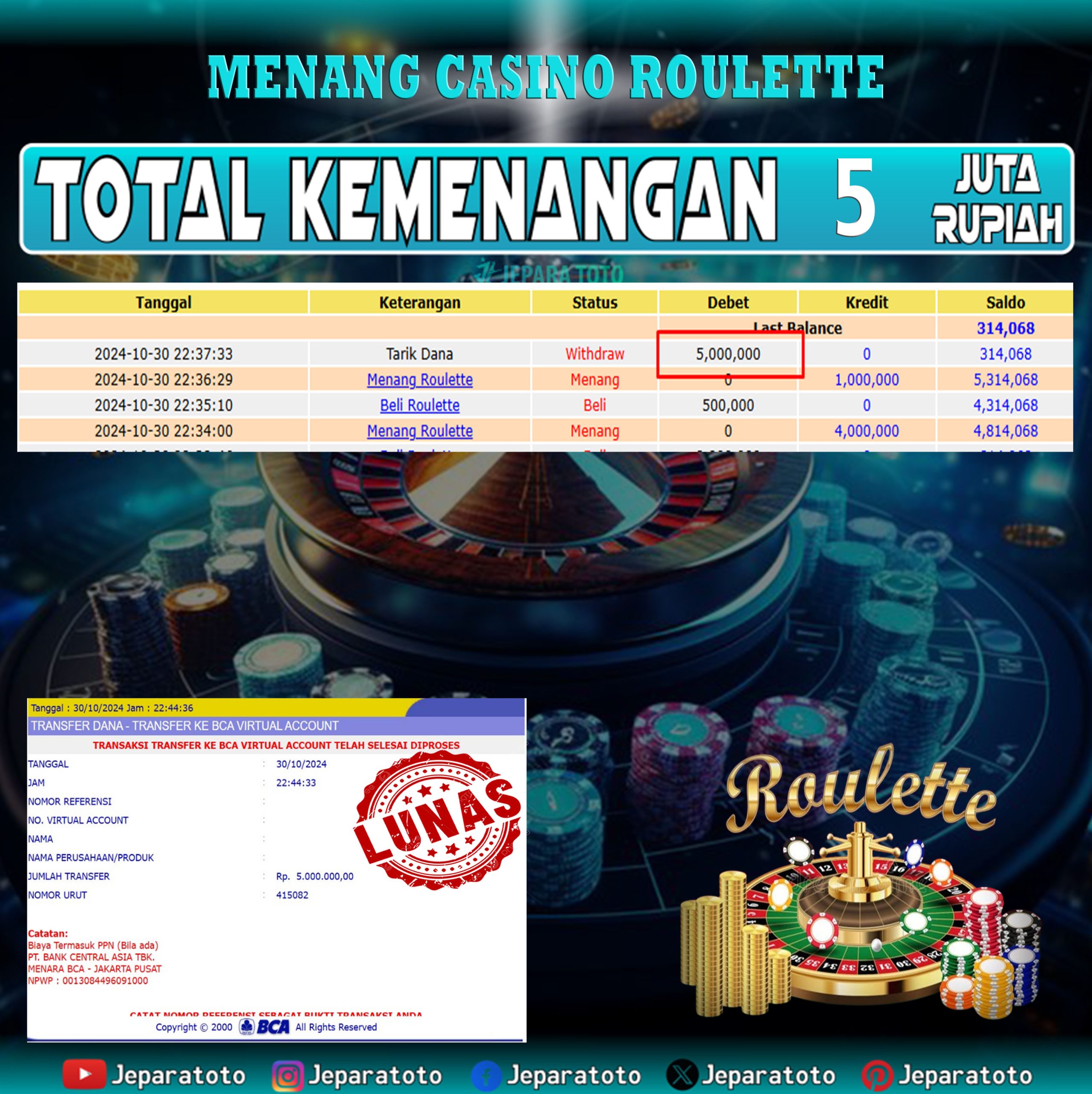 BUKTI KEMENANGAN CASINO LIVE GAME ROULETTE MEMBER JEPARATOTO