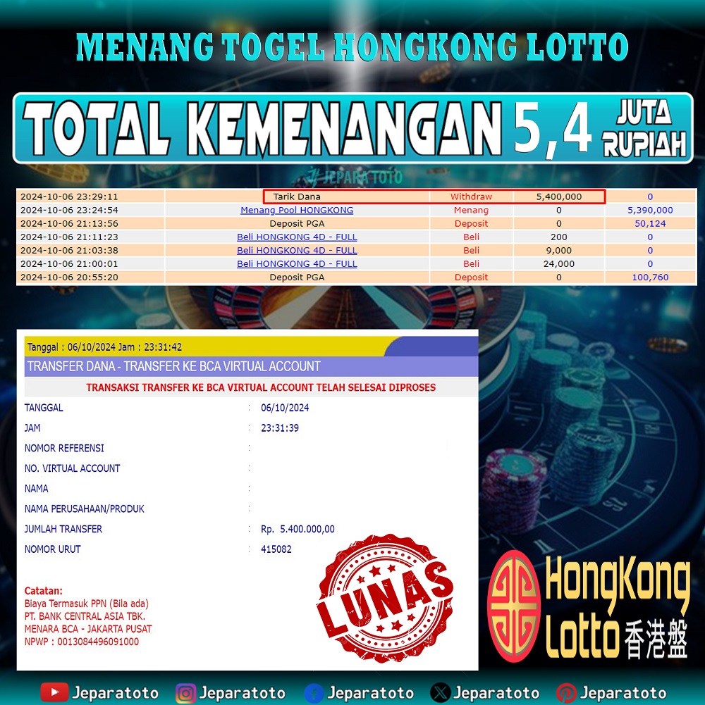 BUKTI KEMENANGAN TOGEL HONGKONG LOTTO MEMBER JEPARATOTO