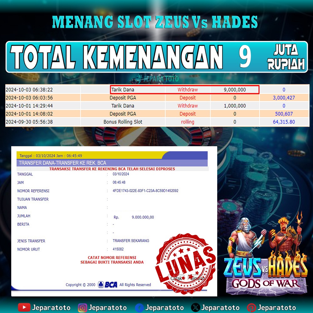 BUKTI KEMENANGAN SLOT ZEUS Vs HADES MEMBER JEPARATOTO