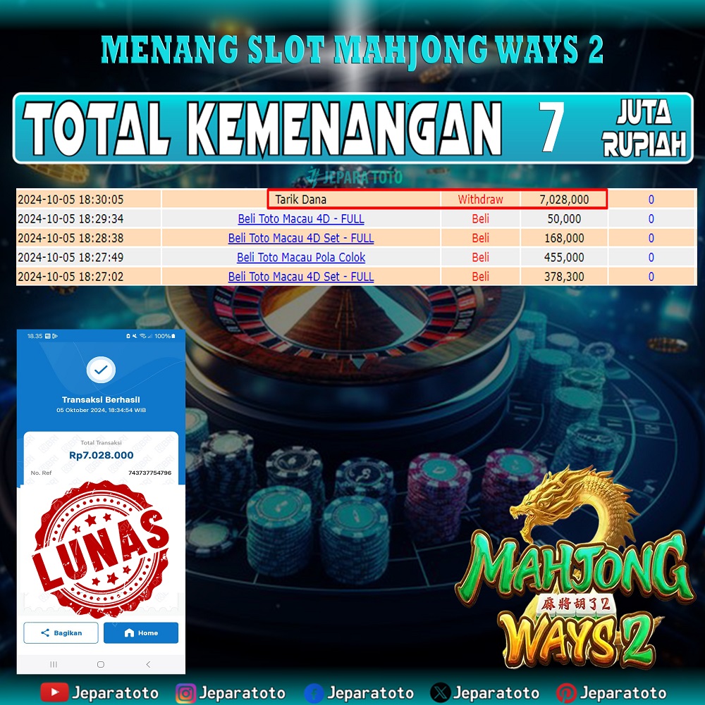 BUKTI KEMENANGAN SLOT MAHJONG WAYS 2 MEMBER JEPARATOTO