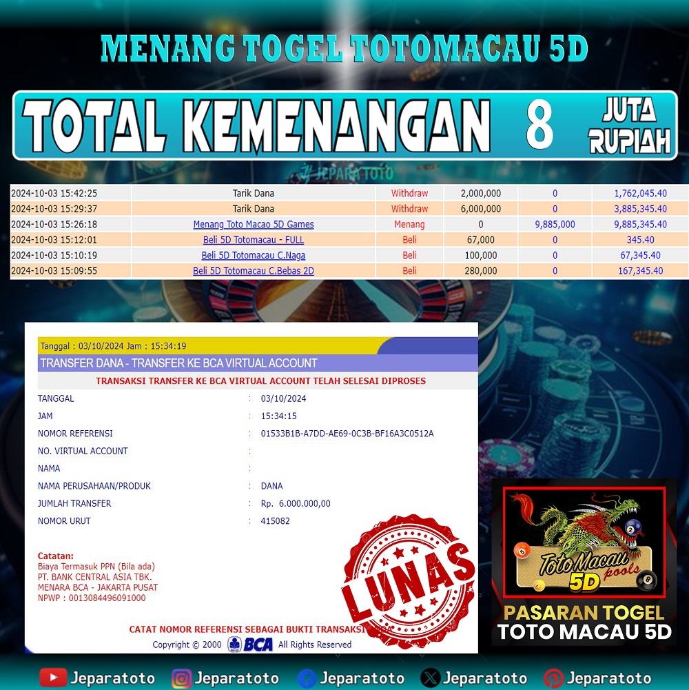 BUKTI KEMENANGAN TOTOMACAU 5D POOLS MEMBER JEPARATOTO