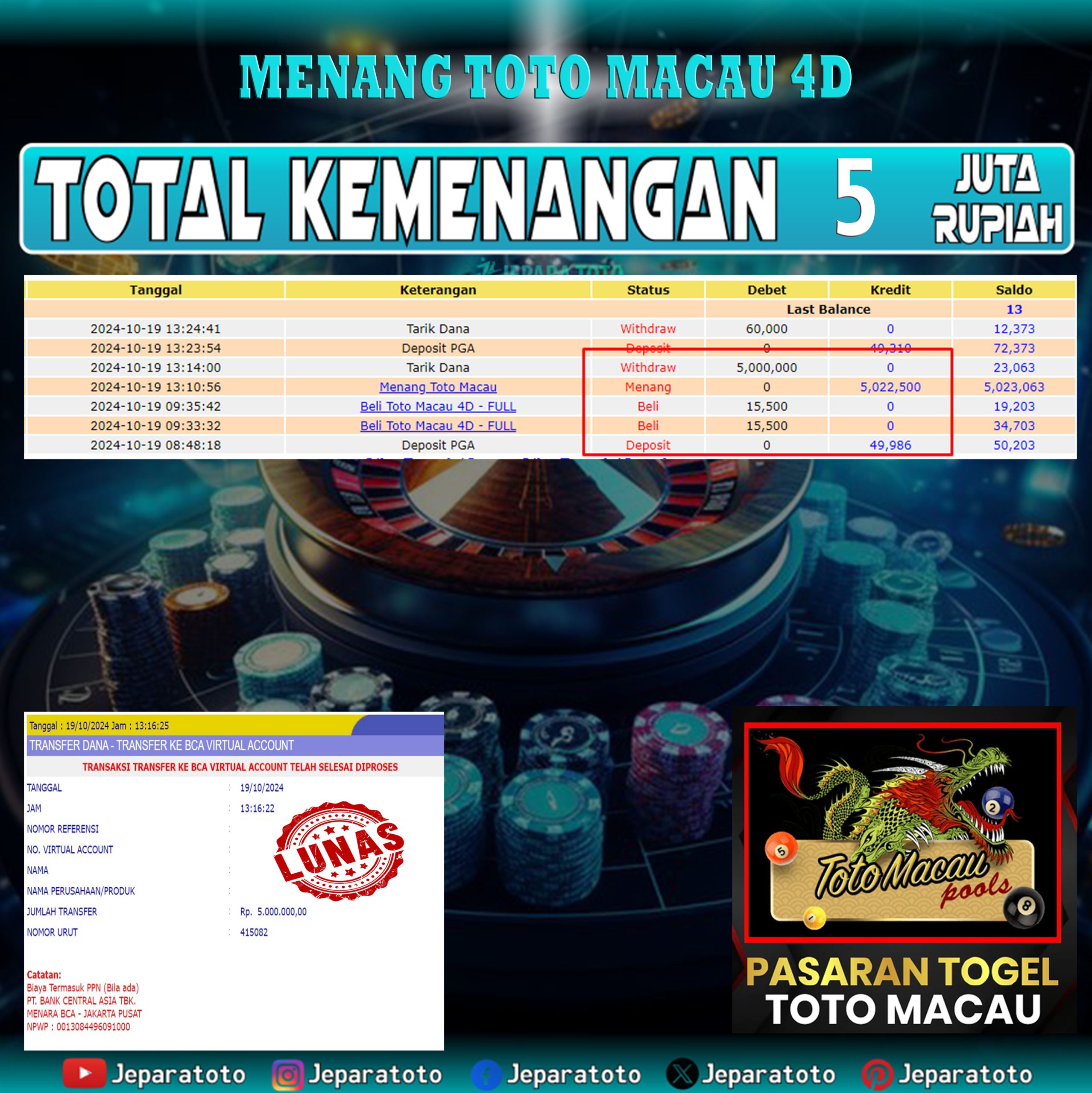 BUKTI KEMENANGAN TOTO MACAU 4D MEMBER JEPARATOTO