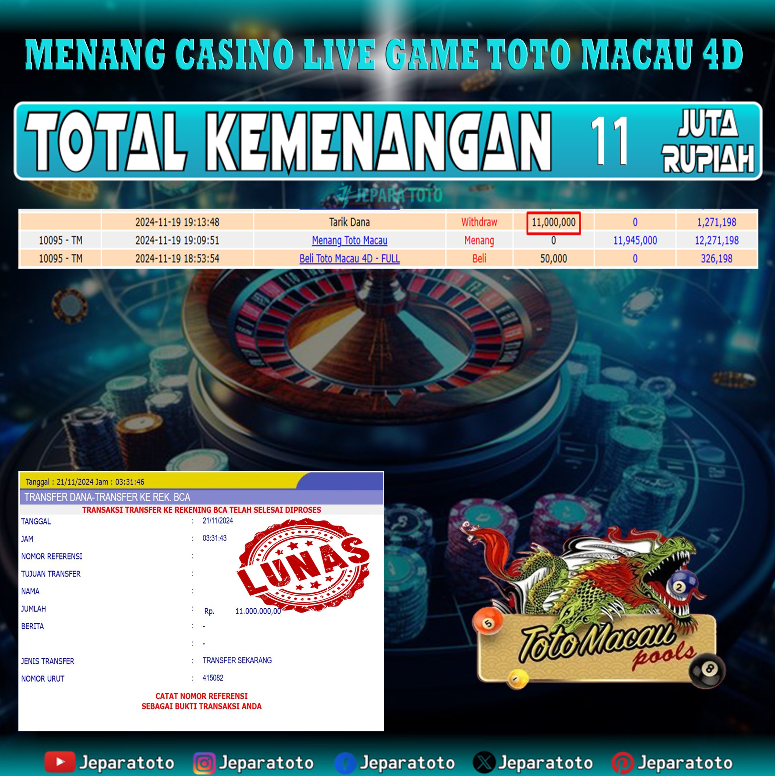 BUKTI KEMENANGAN CASINO LIVE GAME TOTO MACAU 4D MEMBER JEPARATOTO