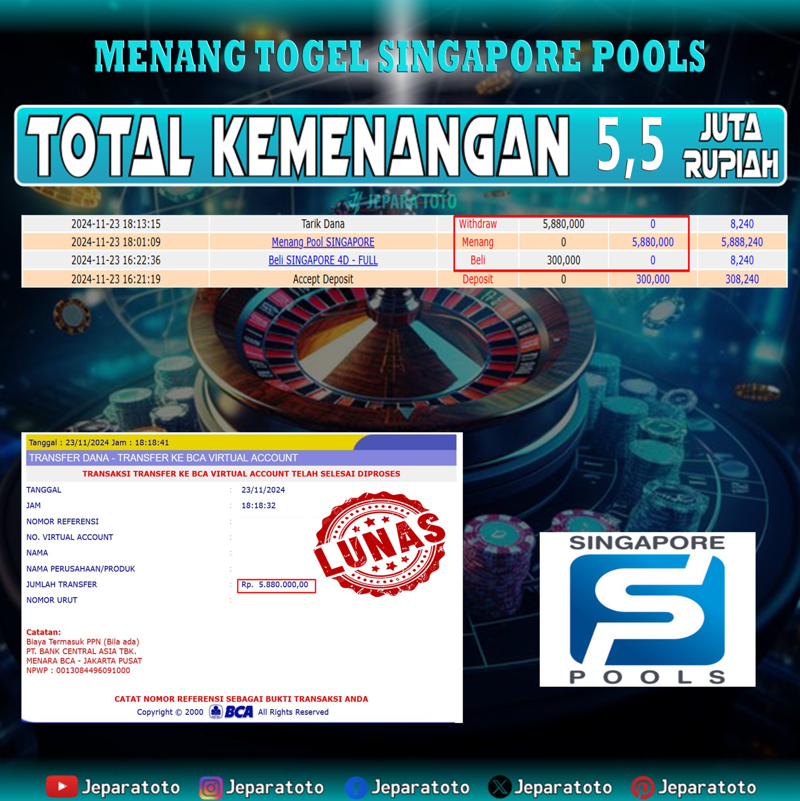 BUKTI KEMENANGAN TOGEL SINGAPORE POOLS MEMBER JEPARATOTO