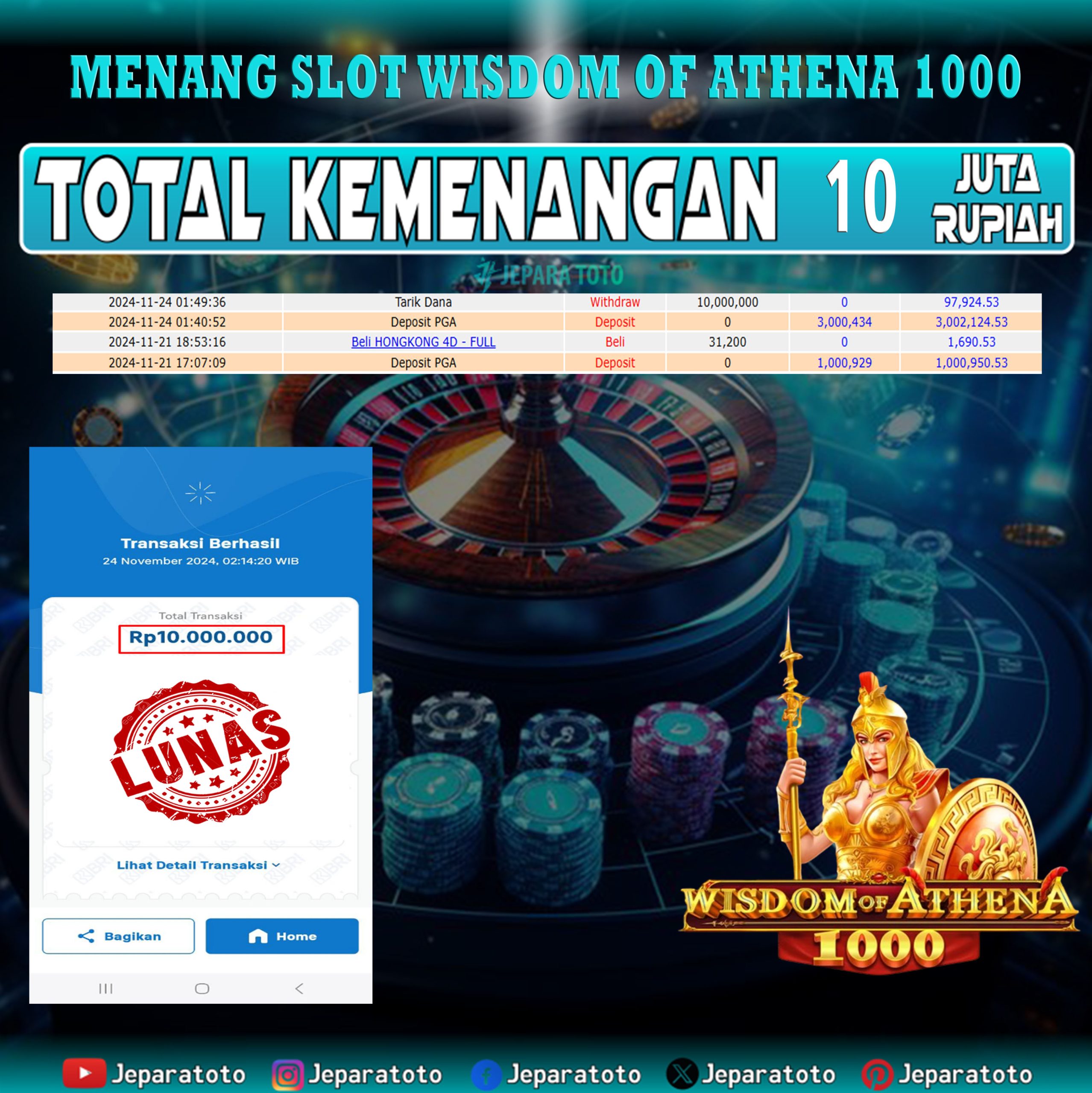 BUKTI KEMENANGAN SLOT WISDOM OF ATHENA 1000 MEMBER JEPARATOTO