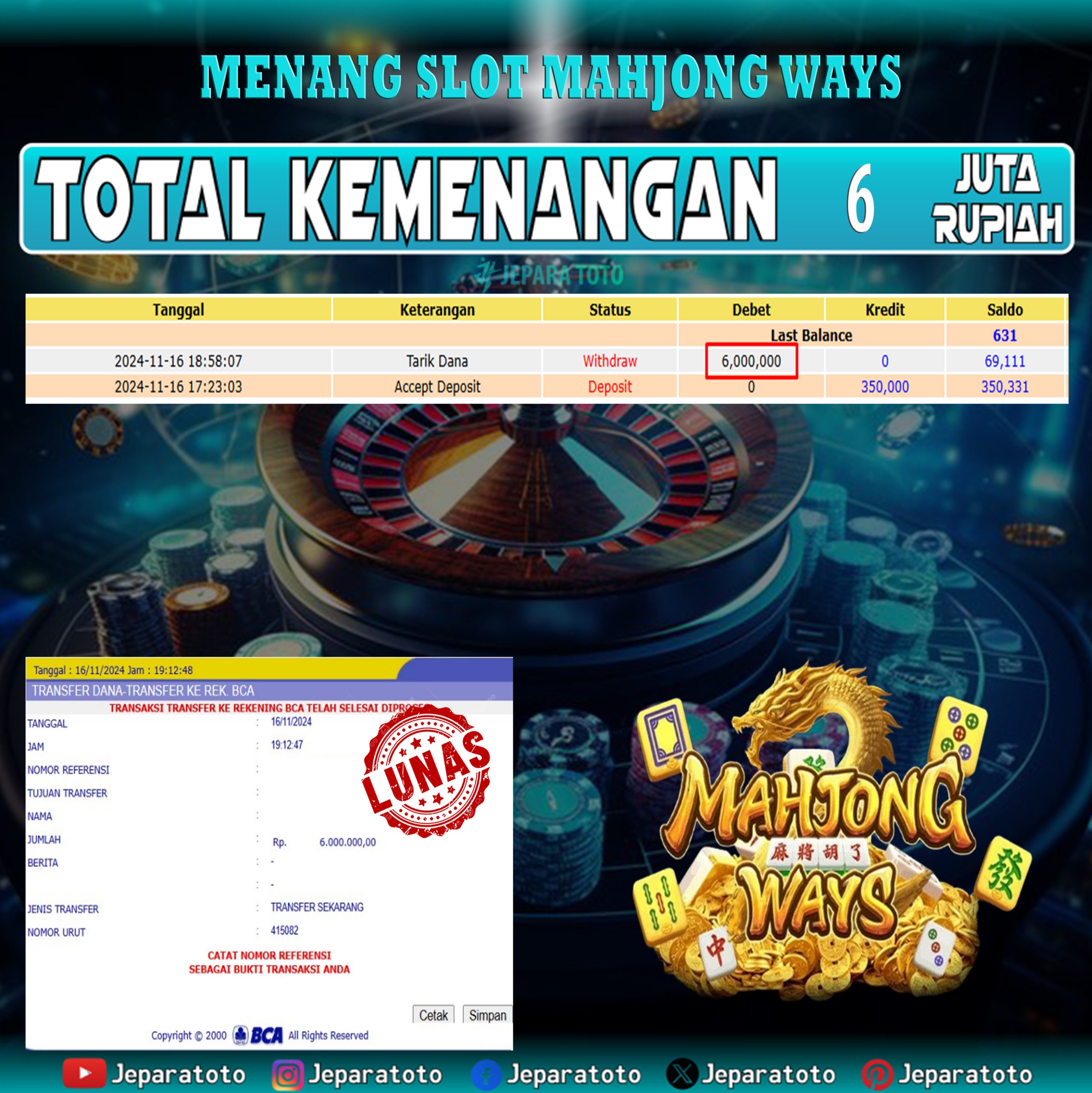 BUKTI KEMENANGAN SLOT MAHJONG WAYS MEMBER JEPARATOTO