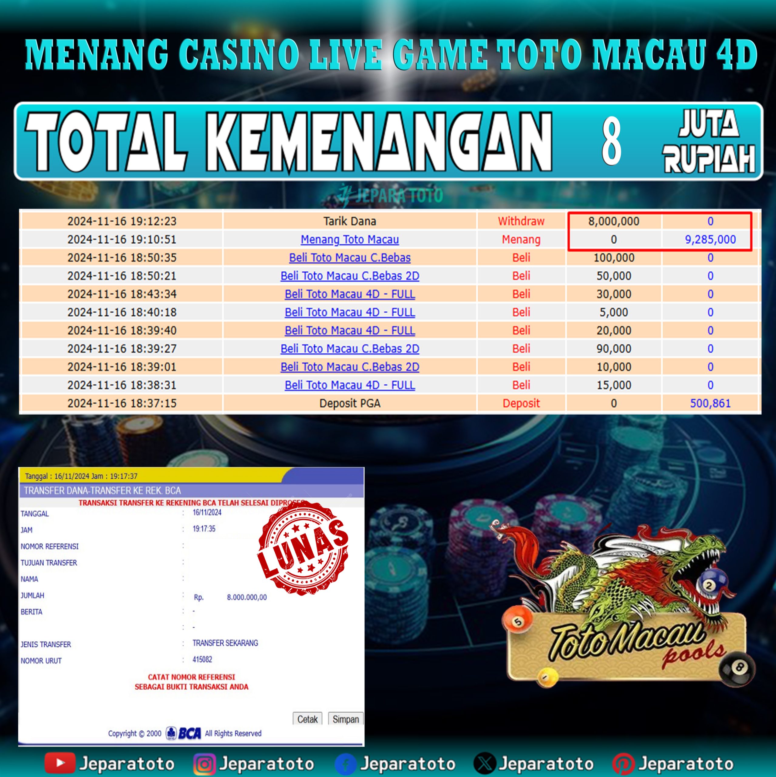 BUKTI KEMENANGAN CASINO LIVE GAMETOTO MACAU 4D MEMBER JEPARATOTO