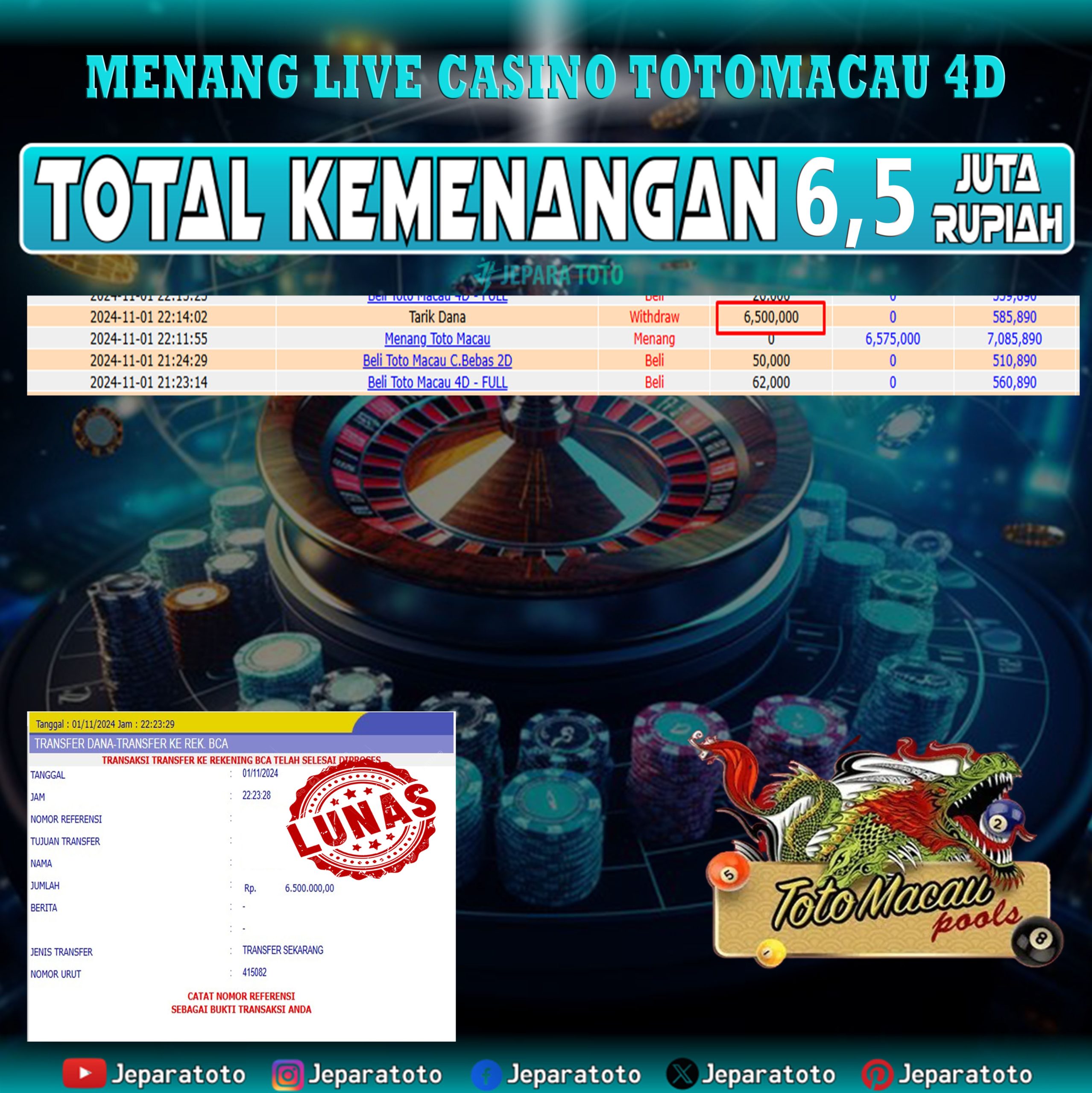 BUKTI KEMENANGAN LIVE GAME CASINO TOTOMACAU4D MEMBER JEPARATOTO