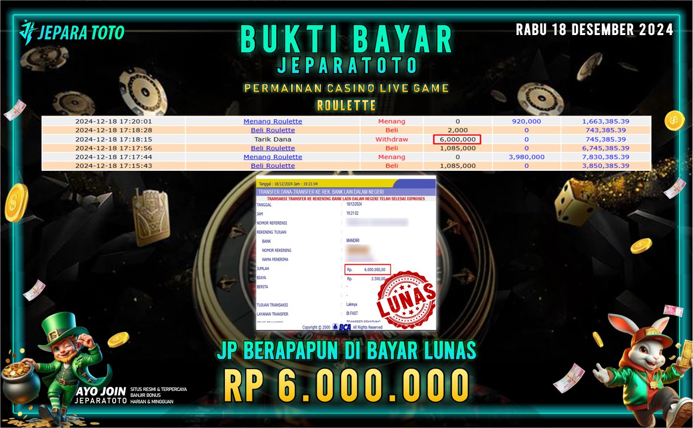 BUKTI KEMENANGAN CASINO LIVE GAME ROULETTE MEMBER JEPARATOTO