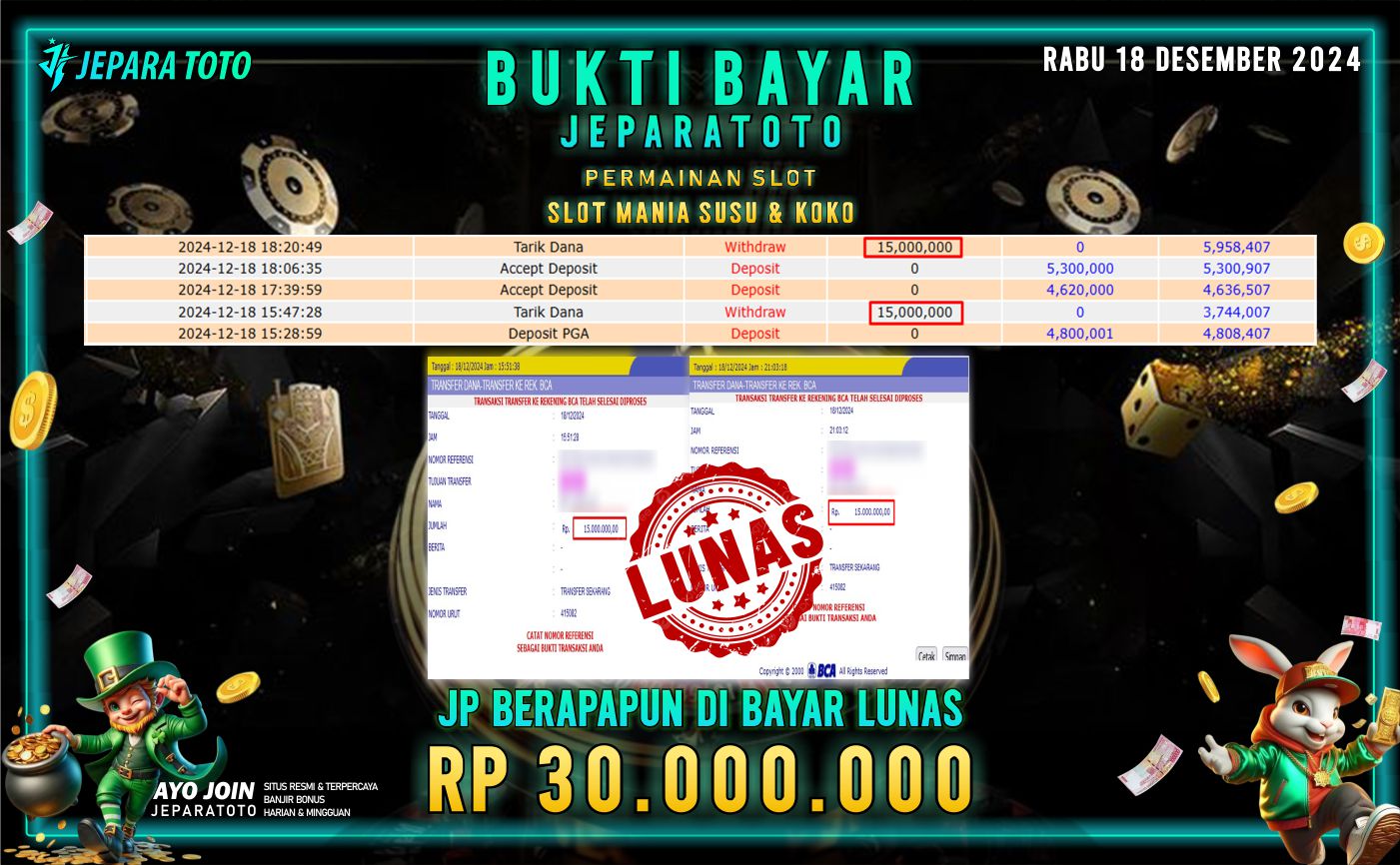 BUKTI KEMENANGAN SLOT MANIA SUSU & KOKO MEMBER JEPARATOTO