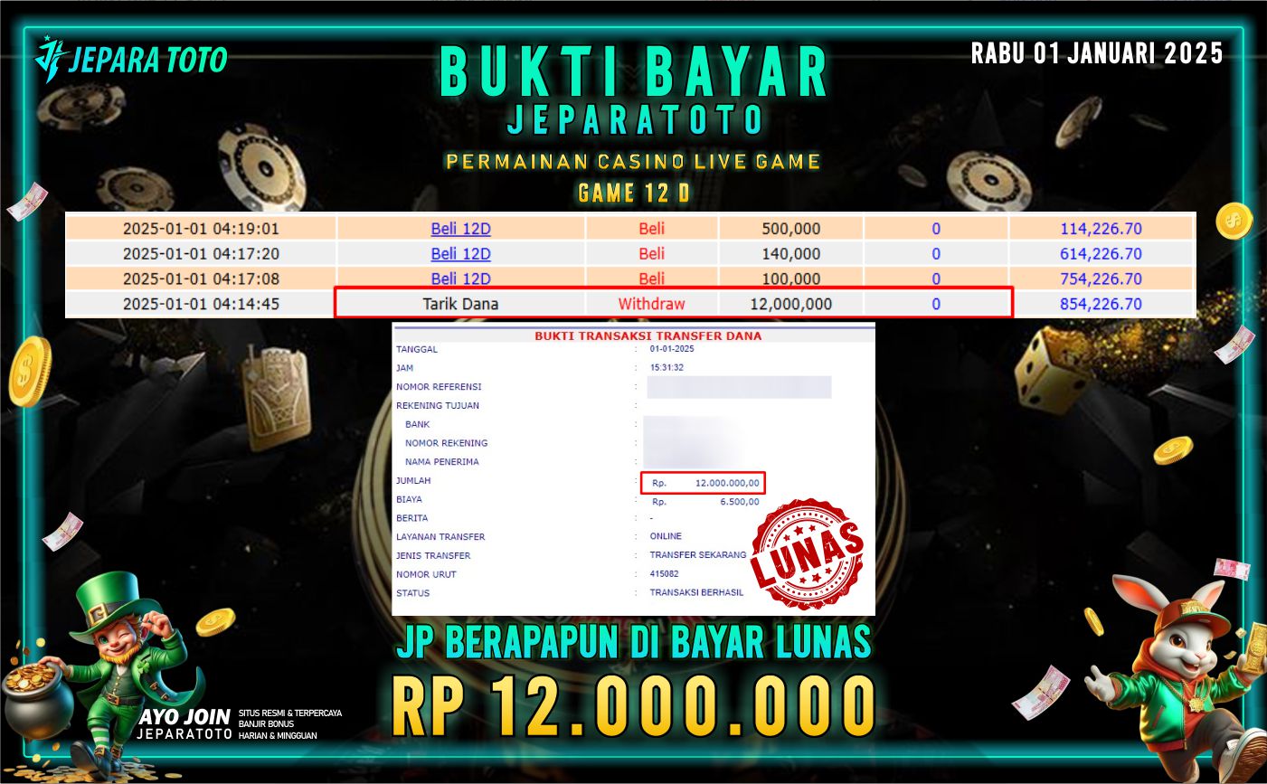 BUKTI KEMENANGAN CASINO LIVE GAME 12 D MEMBER JEPARATOTO