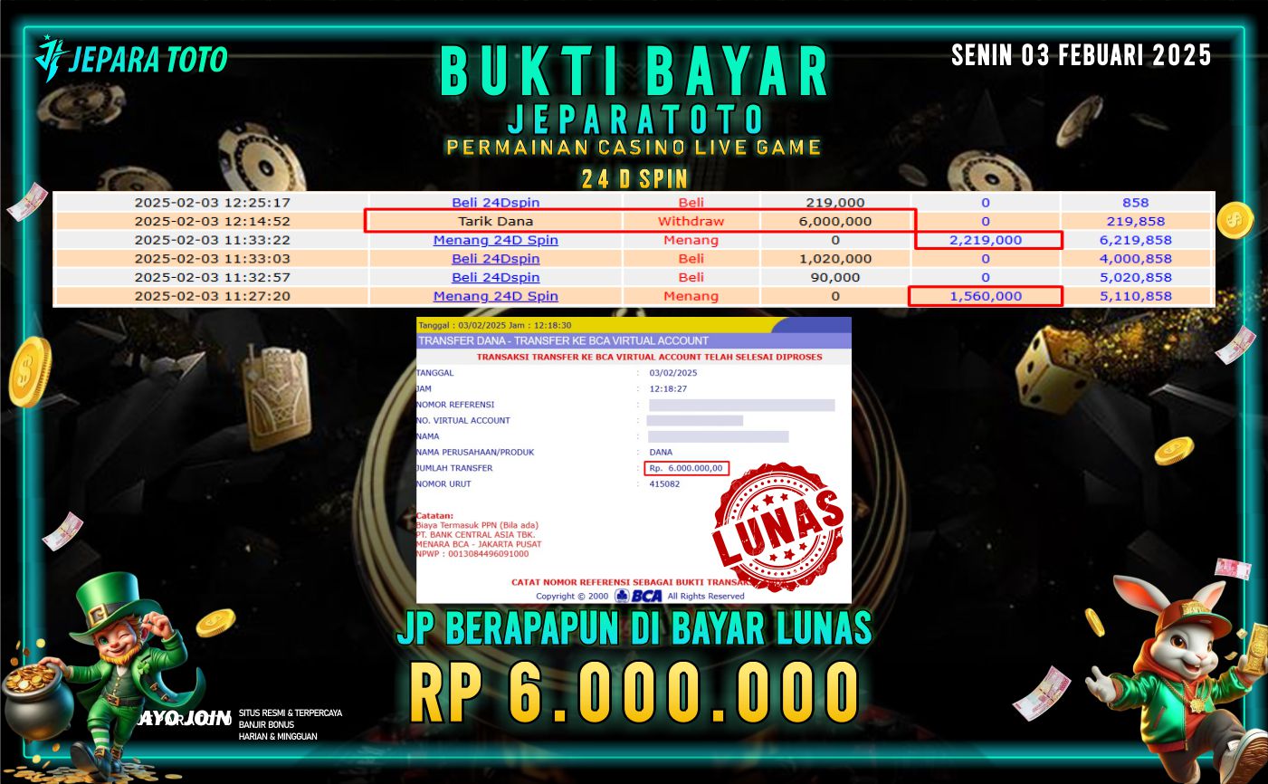 BUKTI KEMENANGAN CASINO LIVE GAME 24 D SPIN MEMBER JEPARATOTO