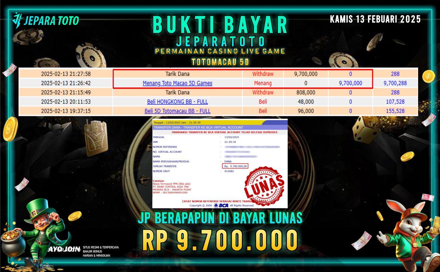 BUKTI KEMENANGAN CASINO LIVE GAME TOTOMACAU 5D MEMBER JEPARATOTO