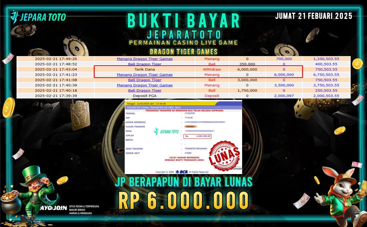 BUKTI KEMENANGAN CASINO LIVE GAME DRAGON TIGER MEMBER JEPARATOTO