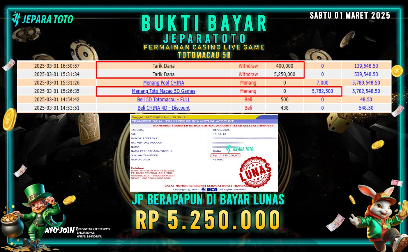 BUKTI KEMENANGAN CASINO LIVE GAME TOTOMACAU 5D MEMBER JEPARATOTO