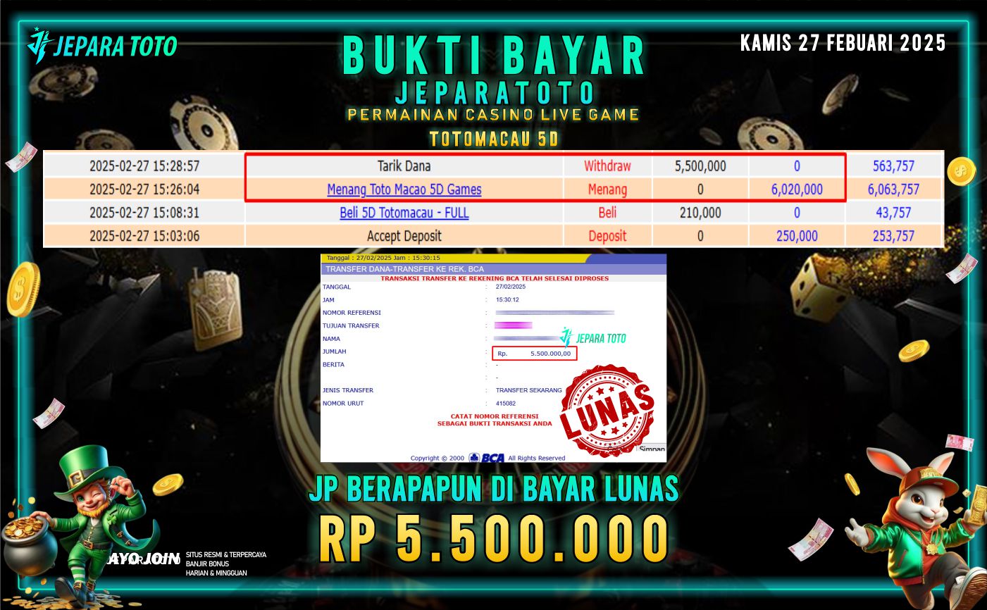 BUKTI KEMENANGAN CASINO LIVE GAME TOTOMACAU 5D MEMBER JEPARATOTO