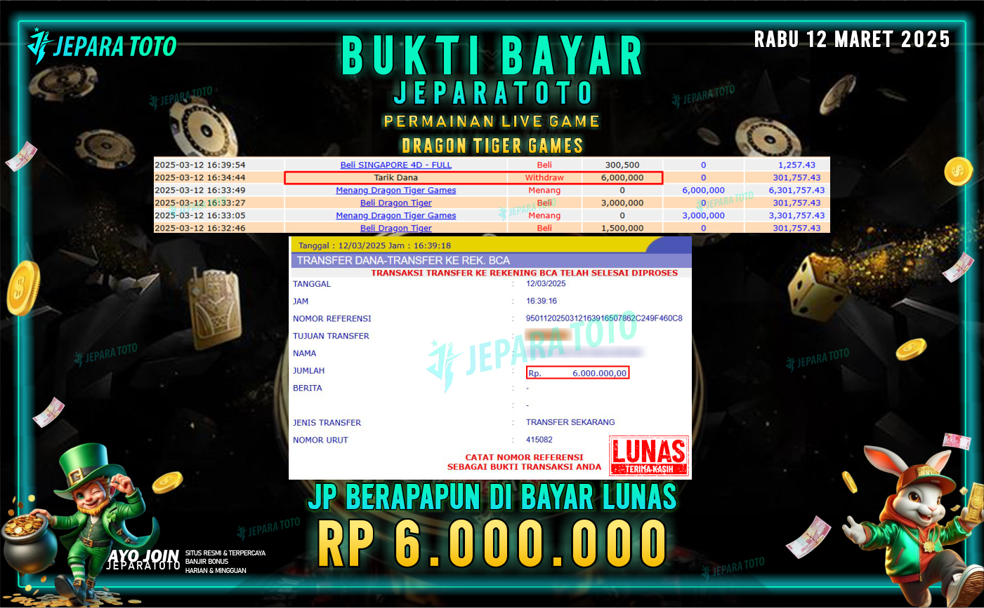 BUKTI KEMENANGAN MEMBER JEPARATOTO LIVE GAME | DRAGON TIGER GAMES