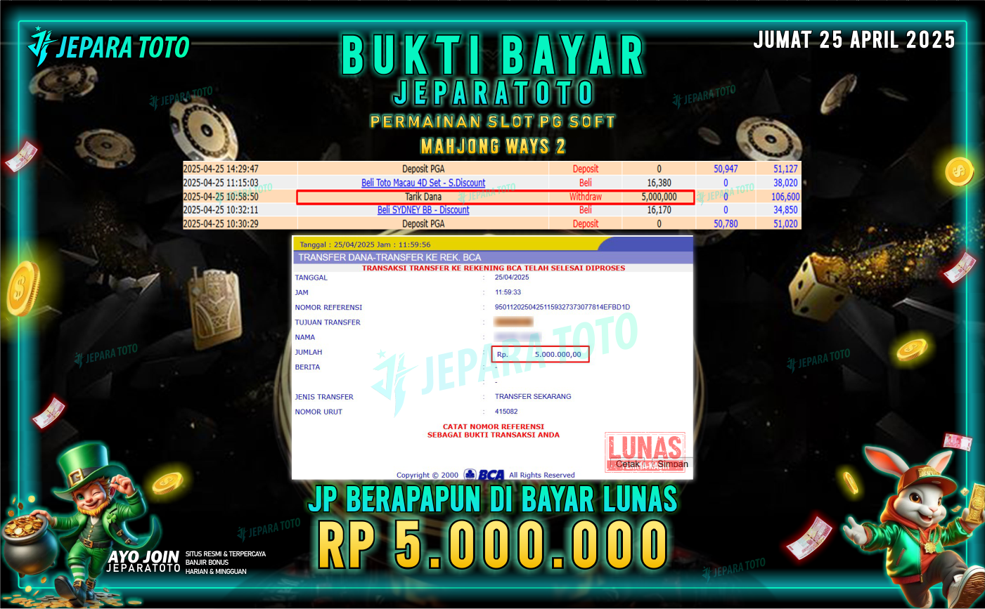 BUKTI KEMENANGAN MEMBER JEPARATOTO SLOT PG SOFT | GAME MAHJONG WAYS 2