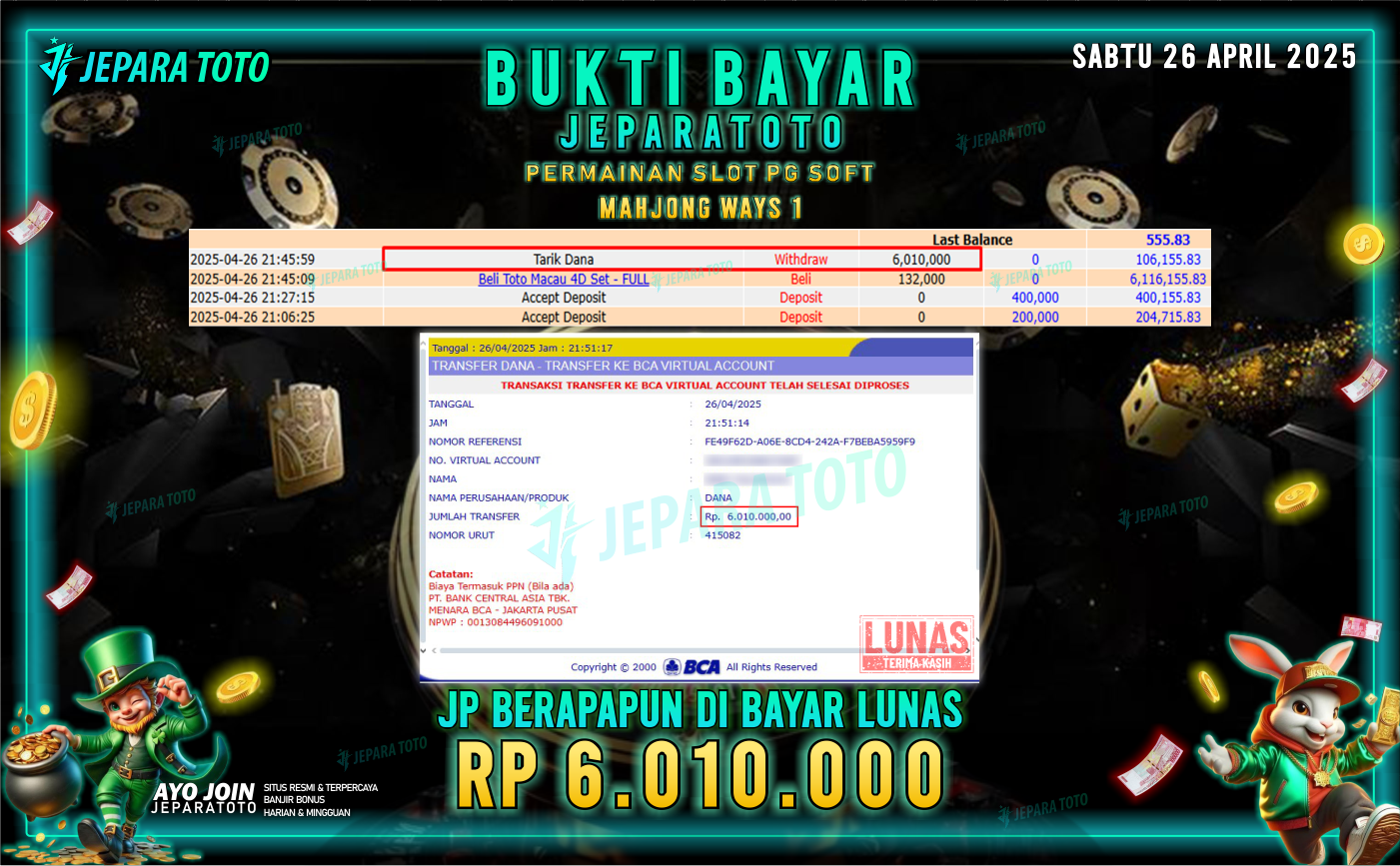 BUKTI KEMENANGAN MEMBER JEPARATOTO SLOT PG SOFT | GAME MAHJONG WAYS 1