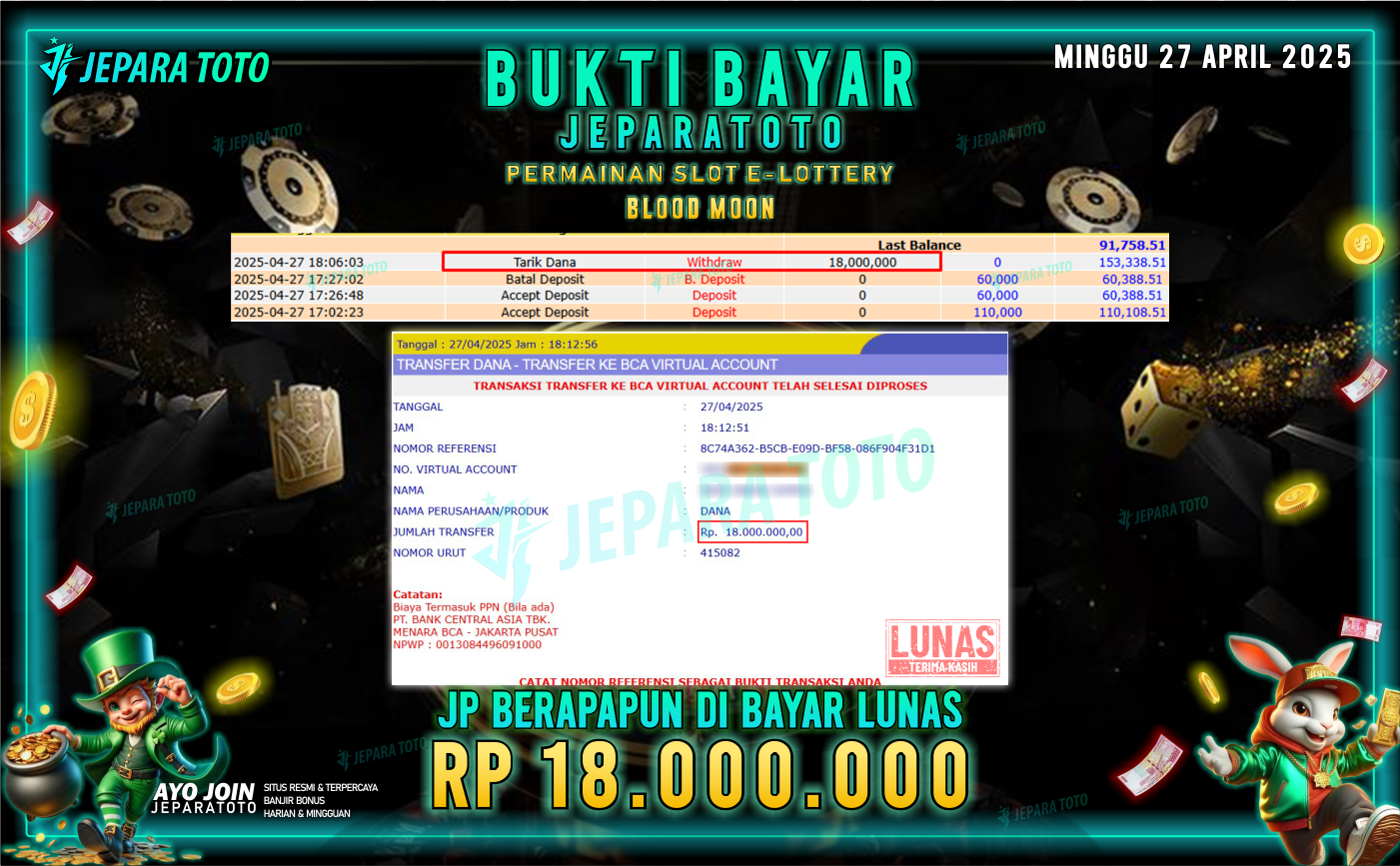BUKTI KEMENANGAN MEMBER JEPARATOTO SLOT E-LOTTERY | GAME BLOOD MOON