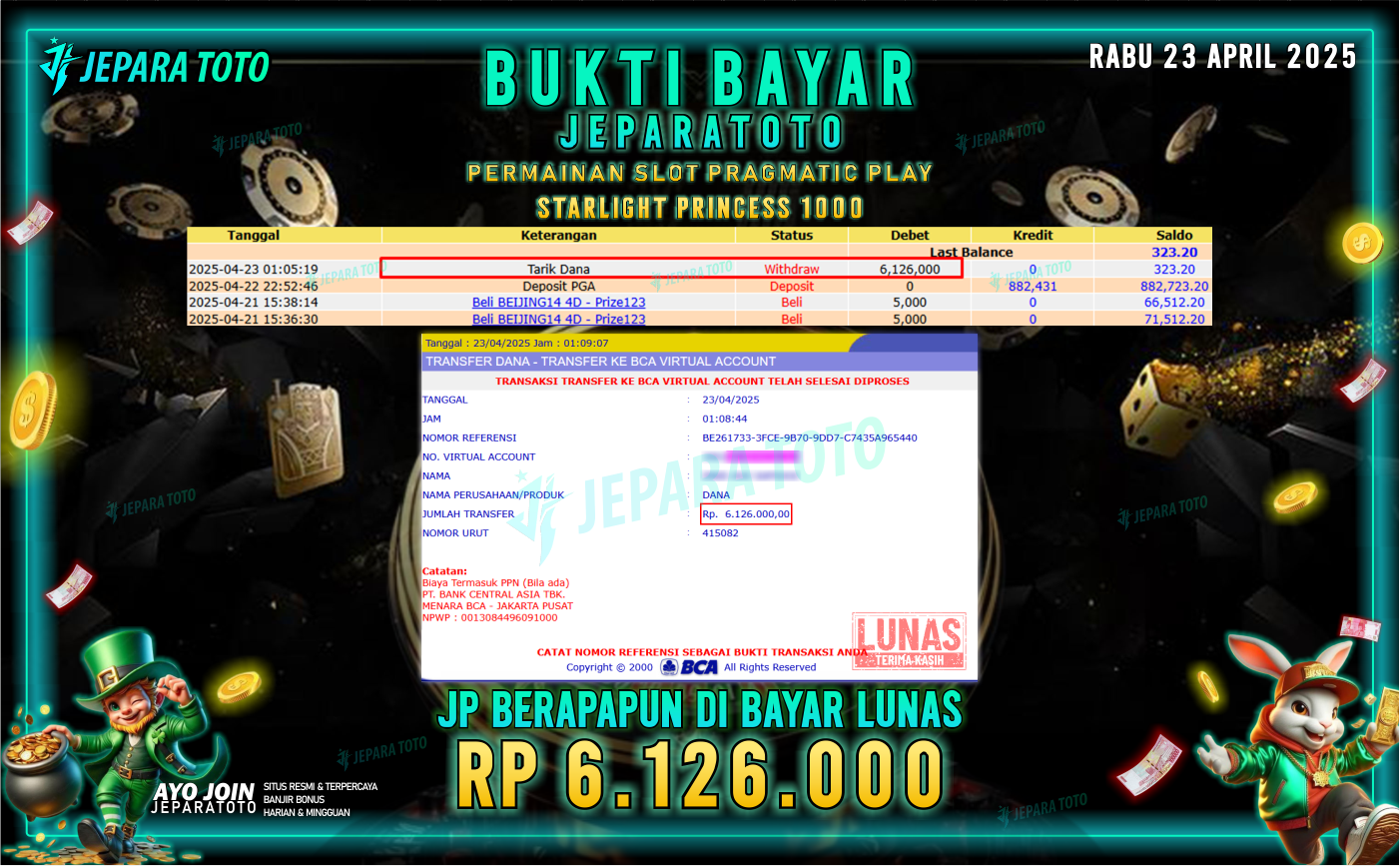 BUKTI KEMENANGAN MEMBER JEPARATOTO SLOT PRAGMATIC PLAY | GAME STARLIGHT PRINCESS 1000