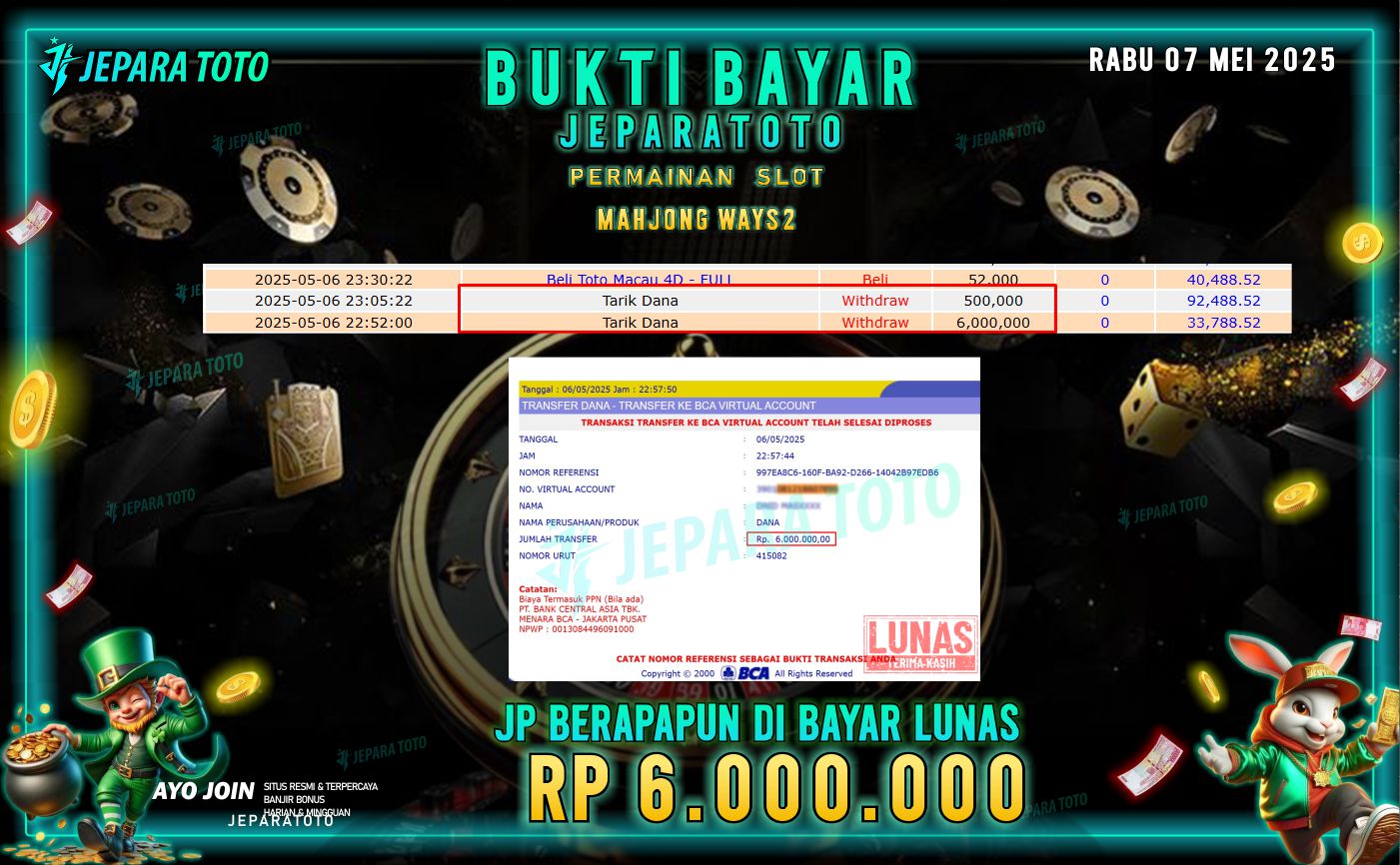 BUKTI KEMENANGAN MEMBER JEPARATOTO |MAHJONG WAYS2